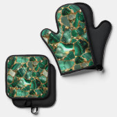 グリーンジャスパーと金ゴールド 鍋つかみ&鍋敷きセット (正面/裏面)