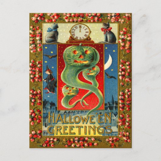 グリーンジャックO'ランタン幽霊カボチャ黒猫 ポストカード (正面)