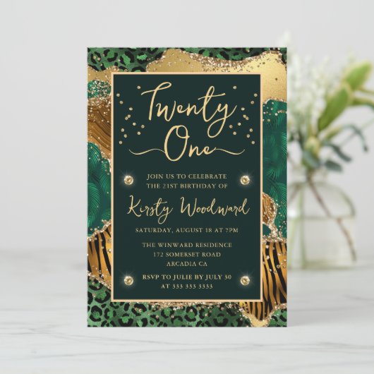 グリーンジャングルアニマルプリントアゲート21歳の誕生日 招待状 (スタンド正面)