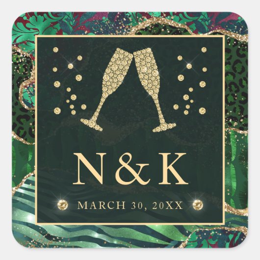 グリーンジャングルアニマルプリントグリッターアゲ結婚ート スクエアシール (正面)