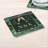 グリーンジャングルアニマルプリントグリッターアゲ結婚ート スクエアペーパーコースター (アングル)