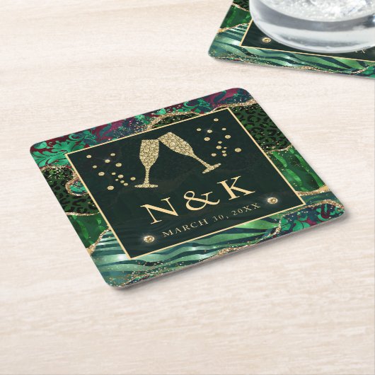 グリーンジャングルアニマルプリントグリッターアゲ結婚ート スクエアペーパーコースター (アングル)