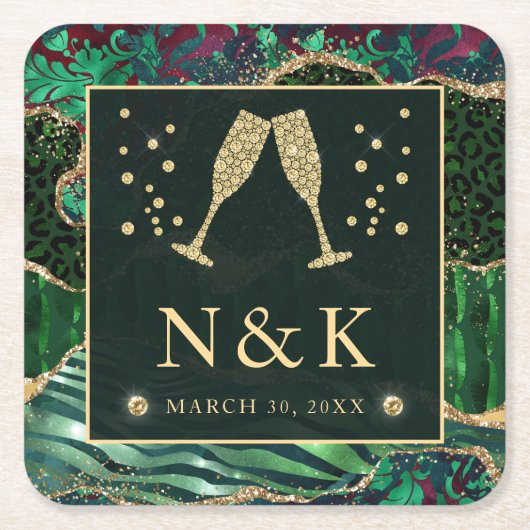 グリーンジャングルアニマルプリントグリッターアゲ結婚ート スクエアペーパーコースター (正面)