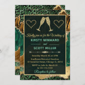 グリーンジャングルアニマルプリント金ゴールドグリッターアゲート 招待状 (正面/裏面)