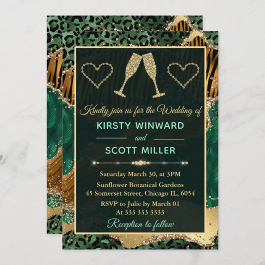 グリーンジャングルアニマルプリント金ゴールドグリッターアゲート 招待状 (正面/裏面)