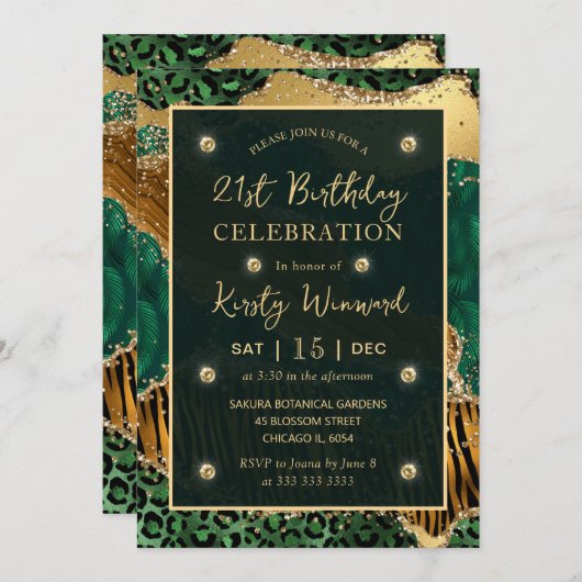 グリーンジャングルサファリグリッターアゲート21歳の誕生日 招待状 (正面/裏面)