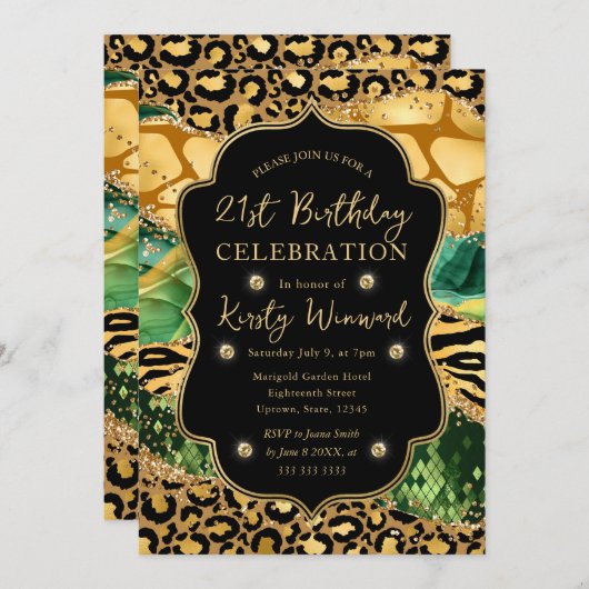 グリーンジャングルサファリグリッターアゲート21歳の誕生日 招待状 (正面/裏面)
