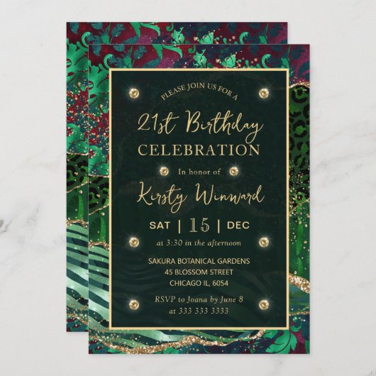 グリーンジャングルサファリグリッターアゲート21歳の誕生日 招待状 (正面/裏面)