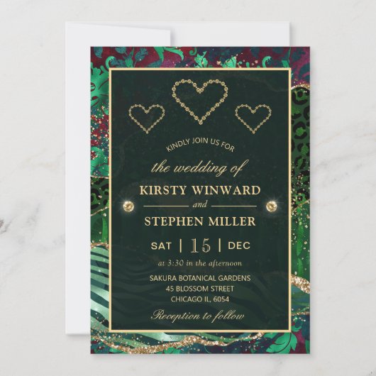 グリーンジャングルサファリグリッターアゲ結婚ート 招待状 (正面)