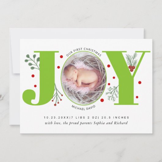 グリーンジョイ初めてのクリスマスホリデーフォトベビー誕生 案内状 (正面)