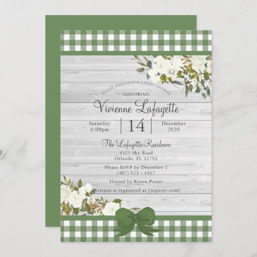グリーンジンガエレガントムフローラベビーシャワー 招待状 (正面/裏面)