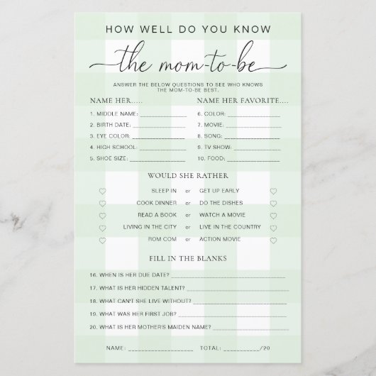 グリーンジンガム赤ちゃんシャワーがゲームをするママを知っている (正面)