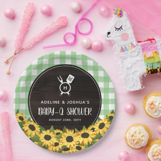グリーンジンガム&ひまわり素朴ベビー-Qシャワー ペーパープレート (パーティー)