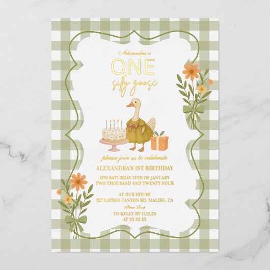 グリーンジンガ間抜けムガチョウ1歳の誕生日 箔招待状 (正面)