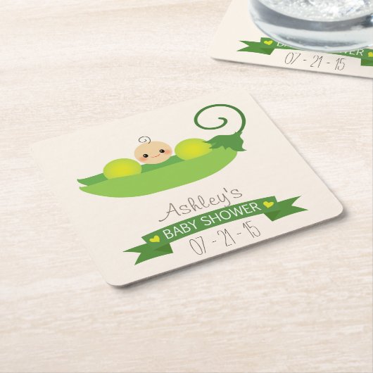 グリーンスイートピーベビーシャワー スクエアペーパーコースター (アングル)