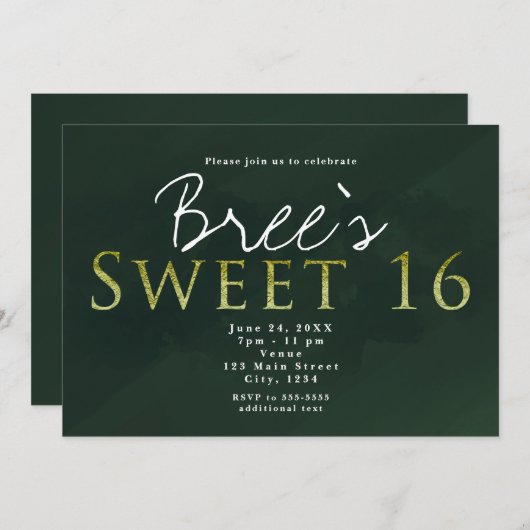グリーンスウィート16シックでエレガントな誕生日パーティー 招待状 (正面/裏面)