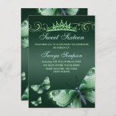 グリーンスウィート16バタフライ&ティアラ誕生日招待状 招待状 (正面/裏面)