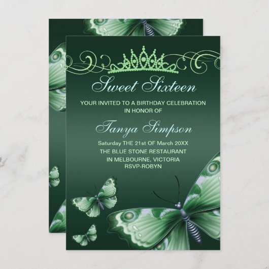 グリーンスウィート16バタフライ&ティアラ誕生日招待状 招待状 (正面/裏面)