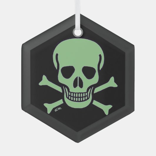 グリーンスカルブラックガラス六角オーナメント ガラスオーナメント (正面)