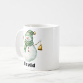 グリーンスカーフのクリスマス雪だるまとベル コーヒーマグカップ (正面左)