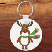 グリーンスカーフボタンキーチェーンを身に着けているトナカイ キーホルダー (正面)