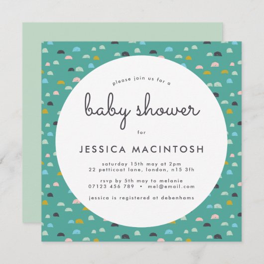 グリーンスクエア幾何学的ベビーシャワー招待状 招待状 (正面/裏面)