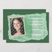 グリーンスクラップブックフォトサプライズパーティー招待状 招待状 (正面/裏面)