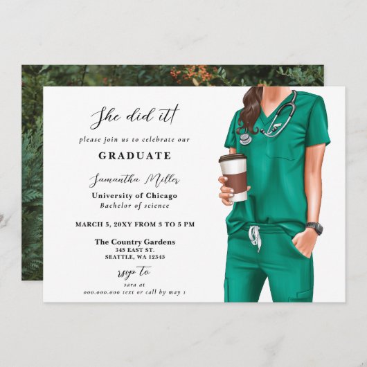 グリーンスクラブナース写真彼女はそれを卒業した 招待状 (正面/裏面)