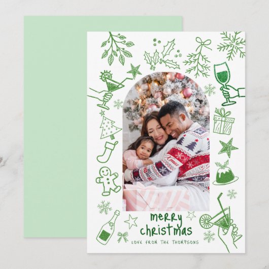 グリーンスクリブルグリッターイラストのクリスマスカード 招待状 (正面/裏面)
