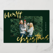 グリーンスタイリッシュとモダン金ゴールドの写真メリークリスマス 箔シーズンカード (正面)