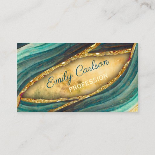 グリーンスタイリッシュエメラルド大理石アーフェイクト金ゴールドグリッター 名刺 (正面)