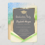 グリーンスタイリッシュグリッターダイヤモンド卒業 招待状 (正面/裏面)