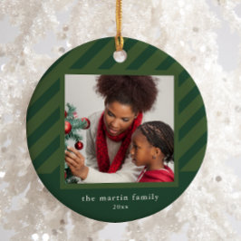 グリーンスタイリッシュストライプシンプルフォトクリスマス セラミックオーナメント