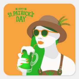 グリーンスタイリッシュビールの女性 – セント・パトリックの日 スクエアシール