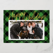 グリーンスタイリッシュプレイドフォトフォイルホリデーカード 箔シーズンカード (正面)