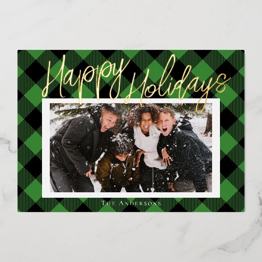グリーンスタイリッシュプレイドフォトフォイルホリデーカード 箔シーズンカード (正面)