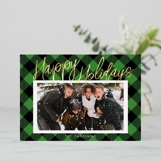 グリーンスタイリッシュプレイドフォトフォイルホリデーカード 箔シーズンカード (立ち正面)