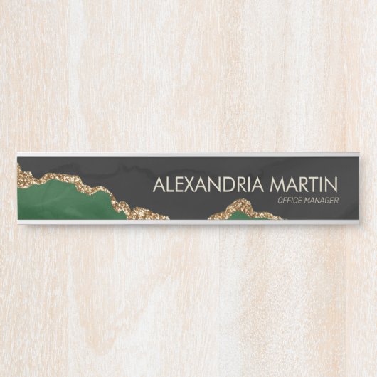 グリーンスタイリッシュモダン金ゴールドグリッターブラックマーブル サインプレート (正面)
