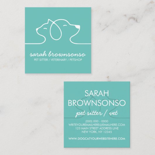 グリーンスタイリッシュラインキャットドッグシンプルペット スクエア名刺 (正面/裏面)