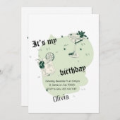 グリーンスタイリッシュ&ホワイト誕生日招待状カード シーズンカード (正面/裏面)