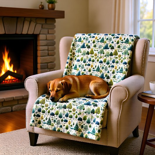 グリーンスタイルツリーズボタニカルプリントイラストレーション フリースブランケット