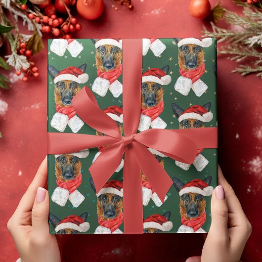 グリーンスターズカラフルドイツの羊飼いクリスマス ラッピングペーパー