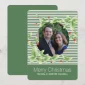 グリーンストライプとホリーフォトホリデーカード シーズンカード (正面/裏面)