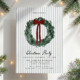 グリーンストライプの水彩リース 赤いリボン クリスマス 招待状