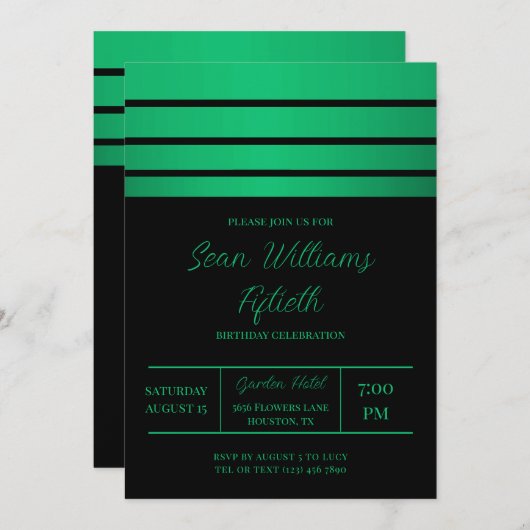 グリーンストライプエレガント男らし誕生日 招待状 (正面/裏面)