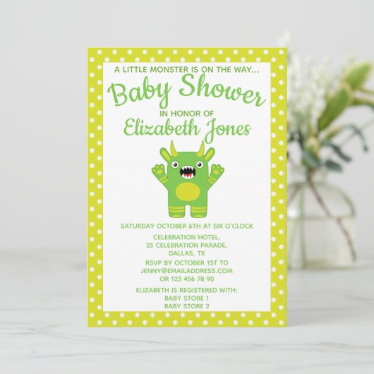 グリーンストライプリトルモンスターベビーシャワー招待状 招待状 (スタンド正面)