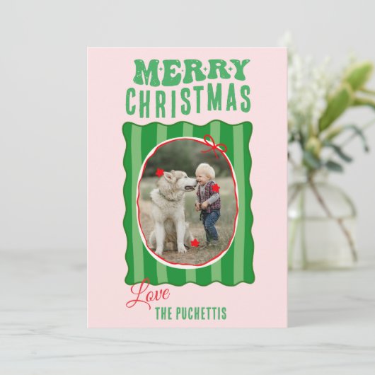 グリーンストライプ写真フレームクリスマス シーズンカード (スタンド正面)