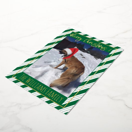 グリーンストライプ独身のドッグフォトフォイルホリデーカード 箔シーズンカード (回転した状態)