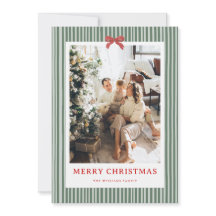 グリーンストライプ レッドボウ クリスマス 写真 ホリデーカード