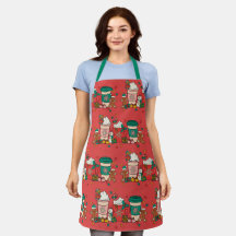 グリーンストラップ付きホリデーコーヒーレッドエプロン